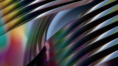 Gökkuşağı renkli metal plaka üzerinde birden fazla üst üste binen ince plakalı zarif ve modern üç boyutlu bir tasvir. Yüksek kalite 3d illüstrasyon