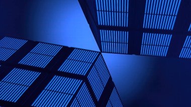 Mavili ve siyah bina aydınlatmalı elektrik bültenli Zarif ve Modern 3D görüntüleme arkaplanı 3D görüntü oluşturma çözümü