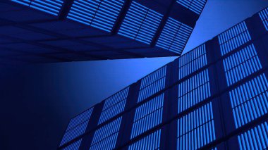 LED binasının elektrik panosuna bakan mavi ve siyah renkli Zarif ve Modern 3D görüntülerin arka planı. Yüksek kalite 3d illüstrasyon