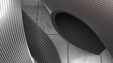 Metal Levha ve Beton Çağdaş Bezier Eğri Gümüş Zarif Modern 3D Soyut Arkaplan Yüksek Kaliteli 3D Görüntü