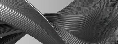 Gümüş, koyu gri metal dalgalı bant bezier eğrisi karanlık atmosfer zarif modern 3D görüntüleme soyut arkaplan yüksek kaliteli 3D illüstrasyon
