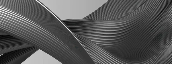 Gümüş, koyu gri metal dalgalı bant bezier eğrisi karanlık atmosfer zarif modern 3D görüntüleme soyut arkaplan yüksek kaliteli 3D illüstrasyon