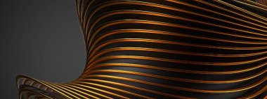 Siyah ve altın kenarlı dalgalı şeritli modern sanat şık modern 3D soyut arkaplan Yüksek kaliteli 3D resimleme