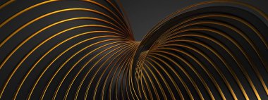 Zarif ve modern 3D soyut arkaplan, siyah ve altın kenarlı dalgalı bant, koyu renk atmosfer birliği yüksek kaliteli 3D görüntü