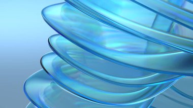 Şeffaf ve şeffaf cam levhalardan yapılmış mavi çağdaş sanattan esinlenilmiş bir eğrinin zarif ve modern bir 3D görüntüsünü içeren soyut bir arka plan, bir lüks. Yüksek kalite 3d illüstrasyon
