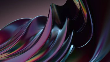 Modern kıvrımların krom, bükülmüş metalik plakalar ve zarif bir şekilde üç boyutlu yapılmış karanlık bir alandaki hassasiyetine sahip soyut bir arka plan. Yüksek kalite 3d illüstrasyon