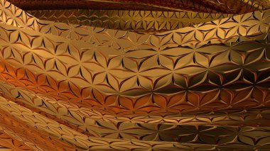 Altın metalik bir yüzeye sahip şık bir atmosfere sahip soyut bir arka plan, lüks ve zariflik yayıyor, zarif ve modern bir üç boyutlu. Yüksek kalite 3d illüstrasyon