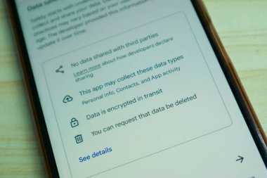 Bandung, Endonezya - 19 Nisan 2024: Veri güvenliği ve Google Play Store 'dan yüklenen aplikasyon veya oyunların diğer kişisel bilgileri
