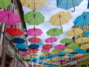 Polczyn Zdroj 'daki yaya caddesinde renkli şemsiyeler hizalanarak tepemizde canlı bir tepe örtüsü oluşturuyor. Bu büyüleyici gösteri, hem turistleri hem de turistleri manzaralı yürüyüş yoluna çeken şenlikli bir atmosfer yaratıyor..