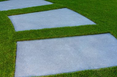 Parktaki taş ayak yolu. Yeşil çimenlikte beton yol.