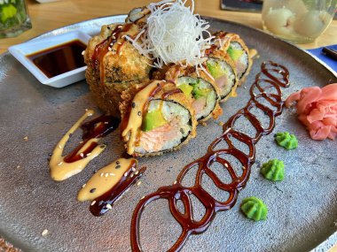 fried sushi rolls set on plate