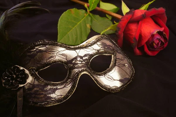 stock image venetian carnival mask with red rose on white background, light behind