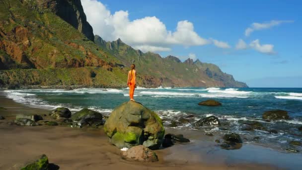 岩の多いビーチで青い海の波を楽しむ女の子の旅行者 女性は海の前の石の上に立つストレスを軽減し リラックスします 平和だ 背景の高い緑の山脈 — ストック動画
