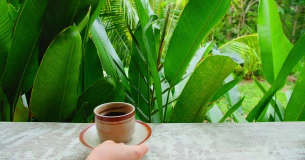 Xícara Café Quente Pires Jardim Com Folhas Tropicais Verdes Caneca — Vídeo de Stock