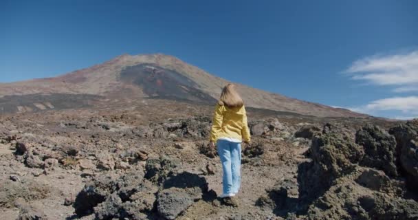 Voyageuse Regardant Paysage Rocheux Volcanique Contre Montagne Teide — Video