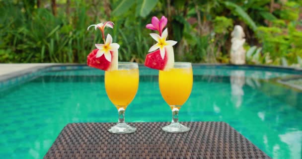 Shake Orange Juice Cocktails Swimming Pool Red Watermelon Palms Water — Stock Video