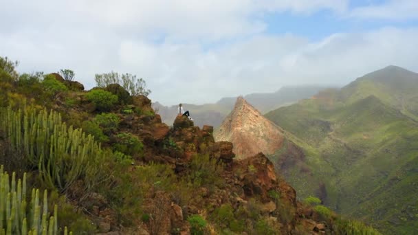 Vista Trasera Mujer Turista Admirando Paisaje Natural Desde Pico Montaña — Vídeos de Stock