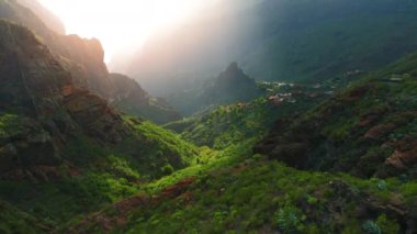 Güneşli sabah ışığında yeşil bahar dağı manzarası. Masca vadisi ve köyü. Taze saflık doğası. Teno Ulusal Parkı. Güneş ışığı ortamı. Tenerife Kanarya Adaları İspanya Avrupa.