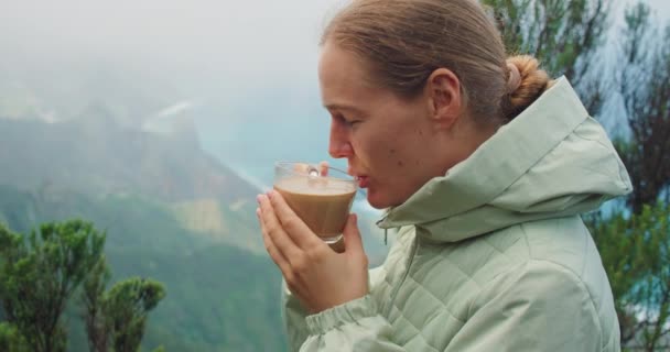 Portrait Satisfied Woman Drinking Coffee Nature Background Mountain Top Attractive — Vídeos de Stock