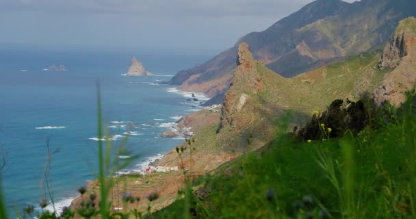 北部的绿色风景 特内里费 阳光灿烂的一天 纵观大西洋海岸 热带春天的植被和水中的岩石 Roques Anaga 加那利群岛西班牙没人 — 图库视频影像