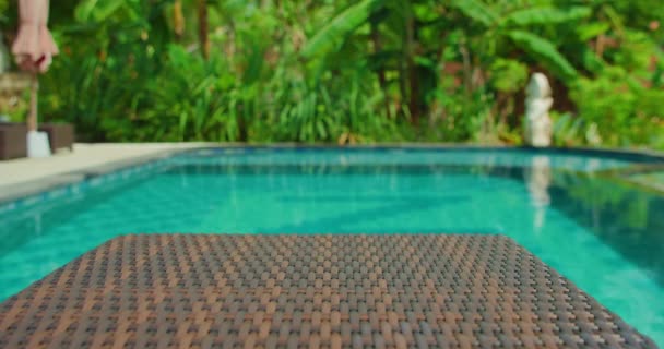 Swimming Pool Green Nature Background Poolside Tropical Forest Advertising Space — Stock Video