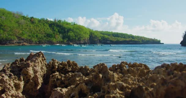 Skaliste Wybrzeże Bliska Zielona Nusa Penida Wyspa Crystal Bay Plaża — Wideo stockowe