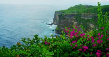 Uluwatu Tapınağı Pura Luhur Hindu 'nun bulunduğu el değmemiş tropik yeşil sahil uçurum ve Bali adasında sonsuz okyanus ufku. Yaz tatili. Bali deniz suyu ve kayalık kıyı şeridi