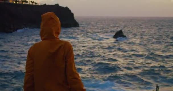 Daki Kayalık Bir Sahil Kıyısında Okyanusu Izleyen Genç Bir Kız — Stok video