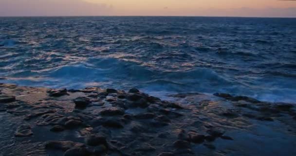 Waves Splashing Rocky Coast Sunrise Cinematic Picturesque Black Volcanic Shoreline — Stockvideo