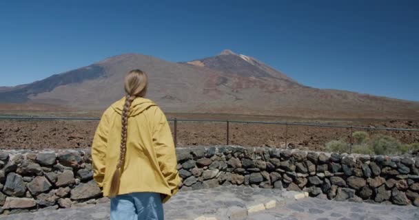 Viajera Mirando Paisaje Rocoso Volcánico Contra Montaña Teide — Vídeo de stock