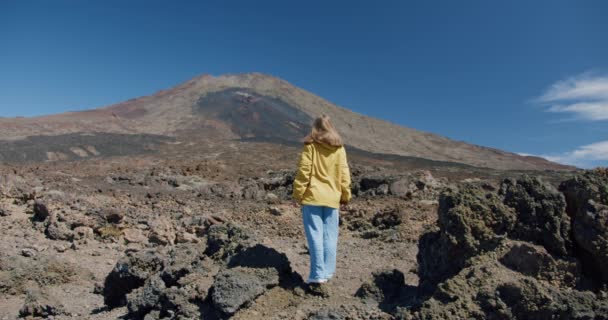 Женщина Путешественница Глядя Вулканический Скалистый Пейзаж Против Дрейфующей Горы — стоковое видео