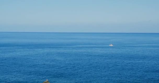 サンライト航空でヨットレースをセーリング 開放的な海で穏やかな海の上でヨット 大きな白いスピナー付きのボートは海の湾を航海します 夏の晴れた日に水で孤独な船クルーズ シネマティックドローン撮影 — ストック動画