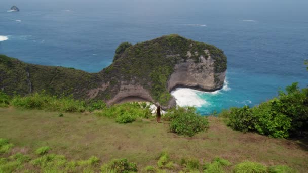 Flyg Havsutsikt Kelingking Beach Nusa Penida Island Och Ung Kvinna — Stockvideo