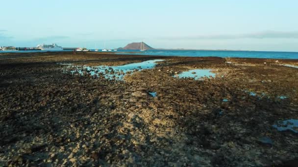 Alçak Gelgitte Sığ Liman Rocky Plajı Okyanus Sakin Dalgalar Şeffaf — Stok video
