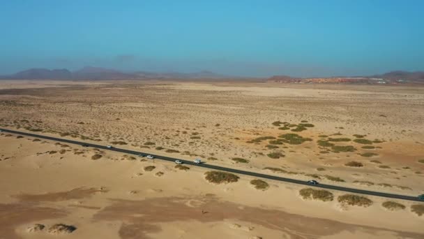 Vägen Slingrar Sig Genom Sanddynerna Corralejo Fuerteventura Kanarieöarna Spanien Flygfoto — Stockvideo