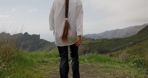 Young Blonde Long Hair Woman Walks Enjoys View Masca Gorge — Stockvideo