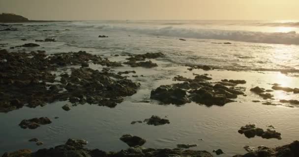 Ocean Waves Roll Rocky Beach Foam Sunset Light Close Sea — Vídeo de Stock