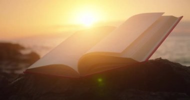 Enchanted magic open book on rocky beach at sunset glow light. Fairy tale in the pages of a book.
