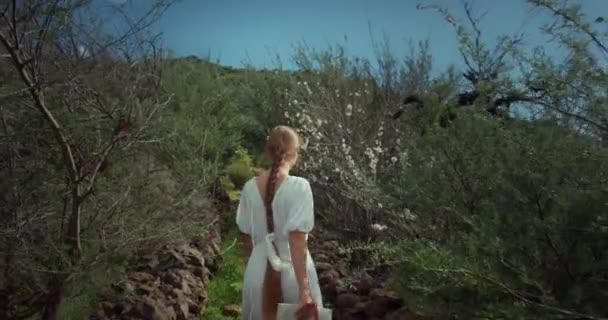Mujer Corriendo Parque Con Cerezos Florecientes Cámara Lenta Chica Vestido — Vídeo de stock