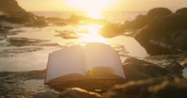 Rüzgar açık havada bir kitabın sayfalarını çeviriyor. Eğitim konseptini okumak. Sahilde büyülü günbatımı ışığı. Okyanus suyuna karşı kutsal kağıt kitap. Ağır çekimde yakın çekim.