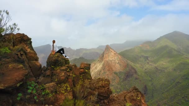 Rear View Woman Tourist Admiring Nature Scenery Mountain Peak Enjoying — Stock Video
