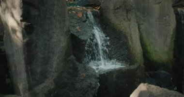 Su akıntısı küçük kayalık derede akar. Taşların üzerinde yüzen nehir ve kayalık vadi. Sonbaharda Rivulet 'in yakın çekimi. Doğal park alanı.