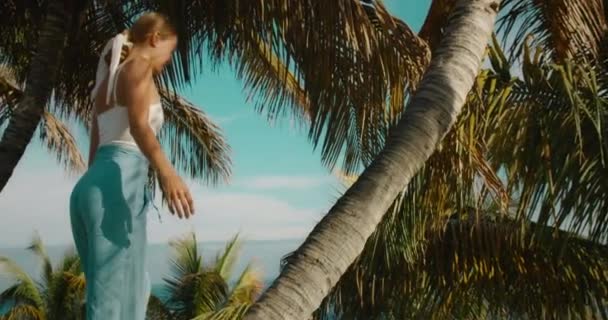 Молодая Женщина Развлекается Отдыхе Тропическом Лесу Океане Закате Девушка Залезла — стоковое видео
