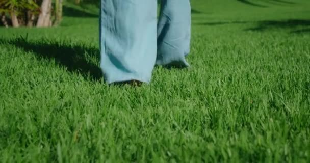 緑の芝生の芝生の上を歩くリネンパンツの裸足の女性 リラクゼーションとウェルネス 足の後部ビューを閉じるには スローモーションで アーユルヴェーダとヨガの概念 — ストック動画