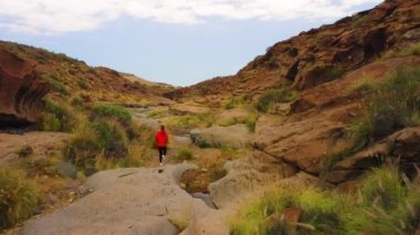 Volkanik kayalarda yürüyen, erozyona uğramış tuhaf şekilli bir kadın yürüyüşçünün hava görüntüsü. Dağ nehrinin dibi kurumuş. Arco de Tajao yakınlarında yürüyüş alanı. Yalnız bir kadın. Tenerife Kanarya Adası İspanya.