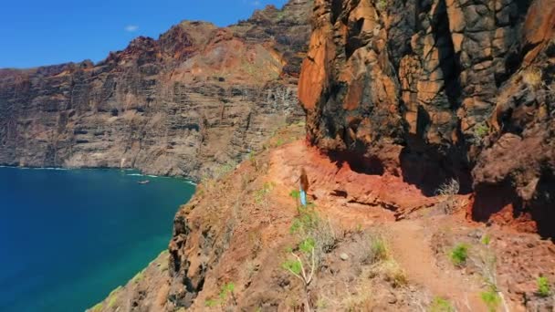 Океан Природный Пейзаж Женщина Стоящая Наслаждающаяся Вулканическими Скалами Голубое Облачное — стоковое видео