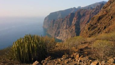 Uçuşlar uçurumlar, derin mavi okyanuslar, büyük uçurumlar Acantilados de Los Gigantes, Tenerife, İspanya. Beyaz sis. Huzur. Issız kayalık volkanik dağlar. Kimse..