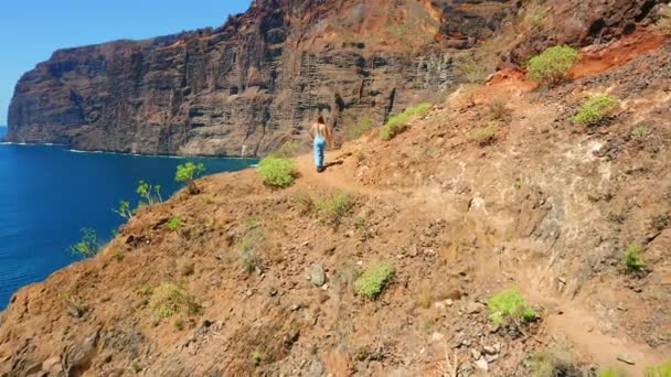 Meeresküste Naturlandschaft Frau Steht Und Genießt Vulkanische Felsformationen Blauer Bewölkter — Stockvideo