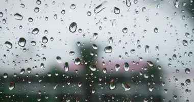 Pencere camına yağmur suyu damlaları düşer. Sokakta binalar ve palmiyelerle birlikte açık hava manzarası bulanık. Kötü hava.