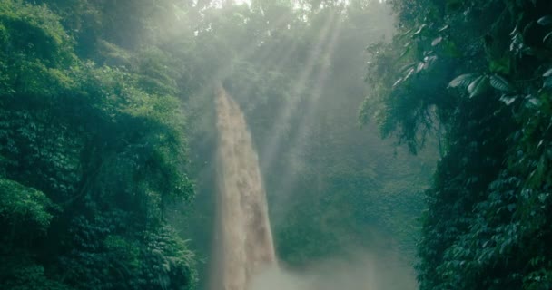 Floresta Tropical Atmosférica Com Cascata Nungnung Perdida Entre Velhas Árvores — Vídeo de Stock